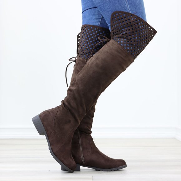 Brown Thigh High Over The Knee Flat Boots Faux Suede - Picture 8 of 14